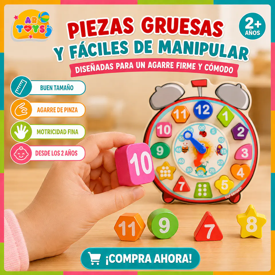 Reloj Didáctico de Madera con Números y Formas 2