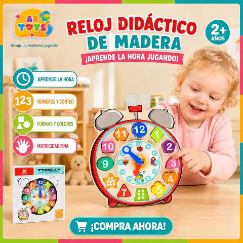 Reloj Didáctico de Madera con Números y Formas