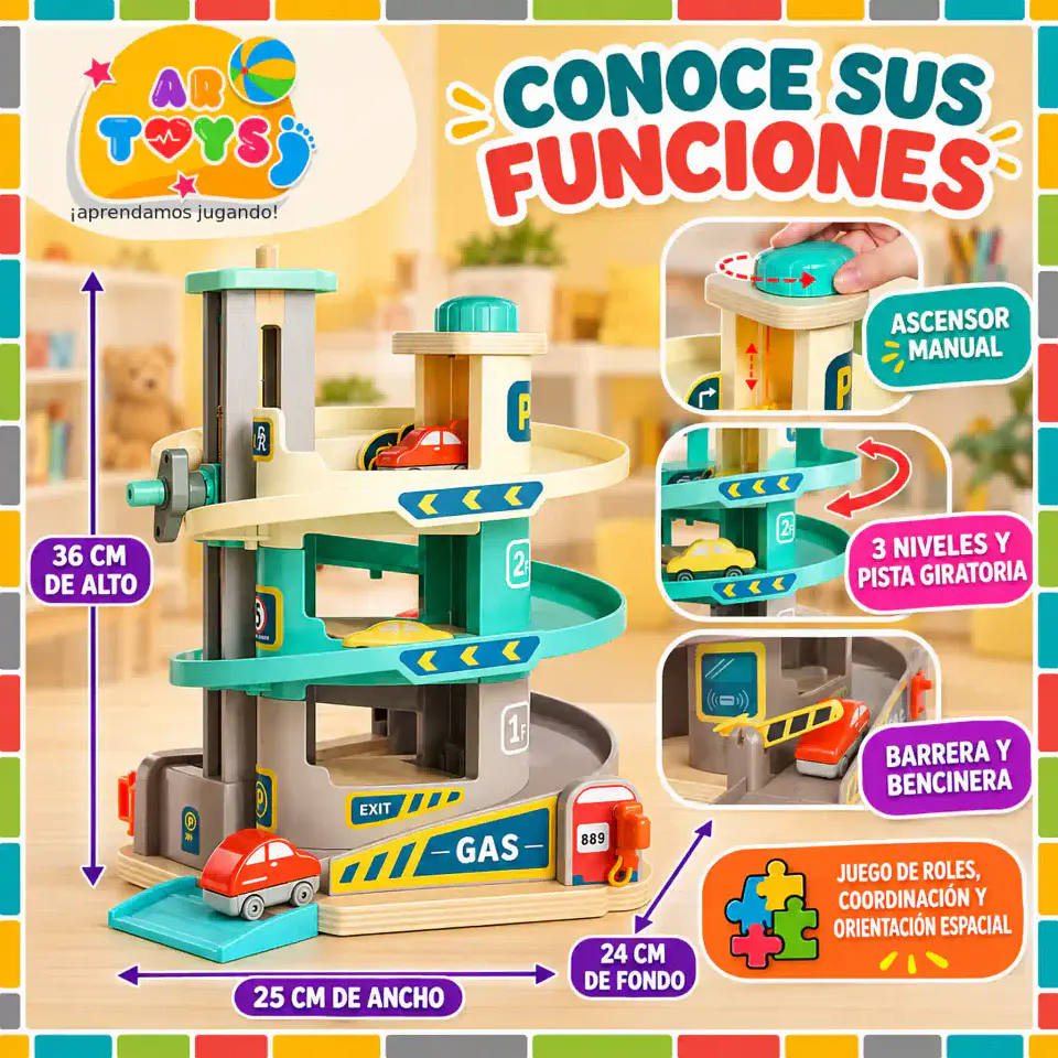 Garaje Infantil de Madera de 3 Niveles con Ascensor 2