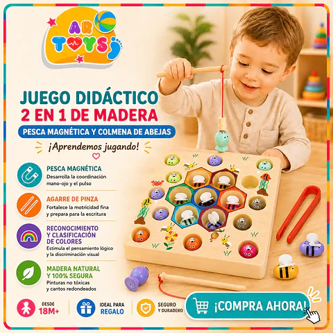 Juego 2 en 1 de Madera: Pesca Magnética y Colmena de Abejas