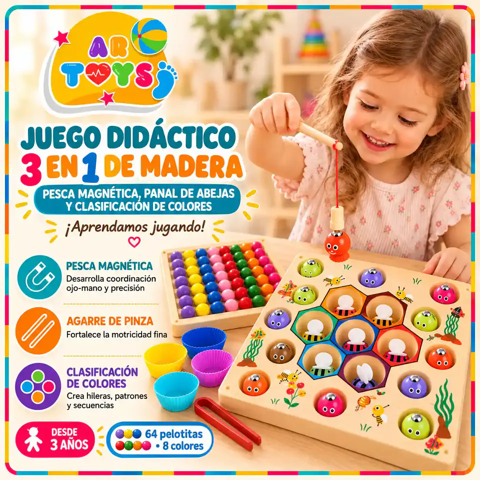 Juego Didáctico 3 en 1 de Madera: Pesca Magnética, Colmena de Abejitas y Colores 1
