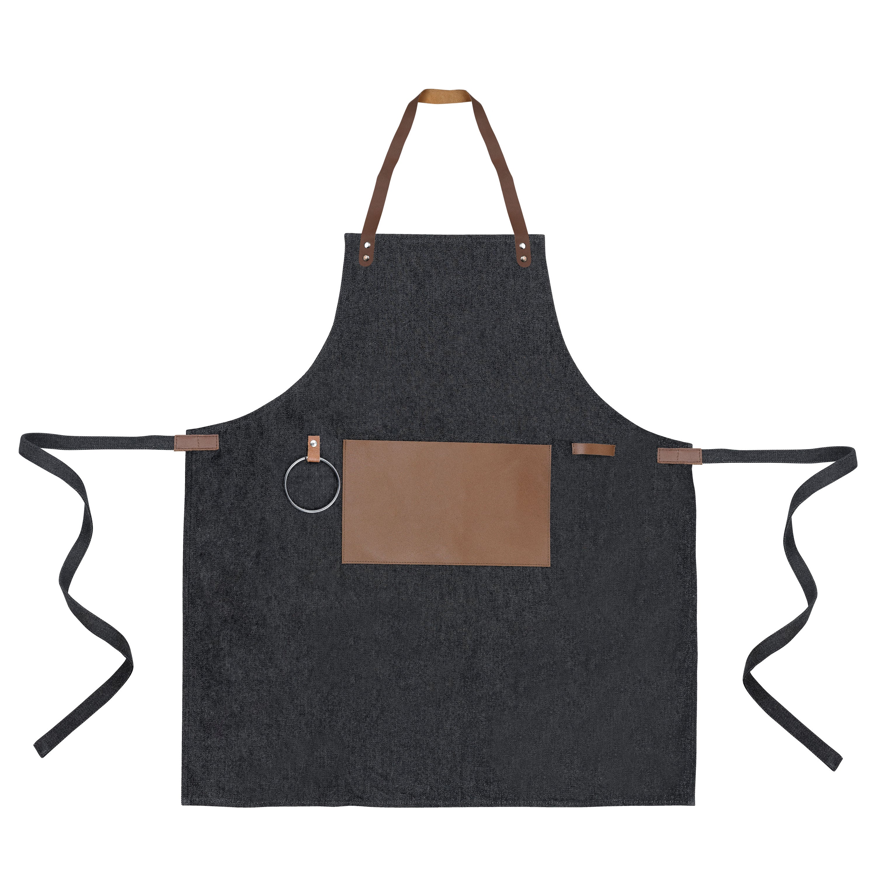 Pechera mezclilla color negro con tirantes cruzados de cuero en la espalda