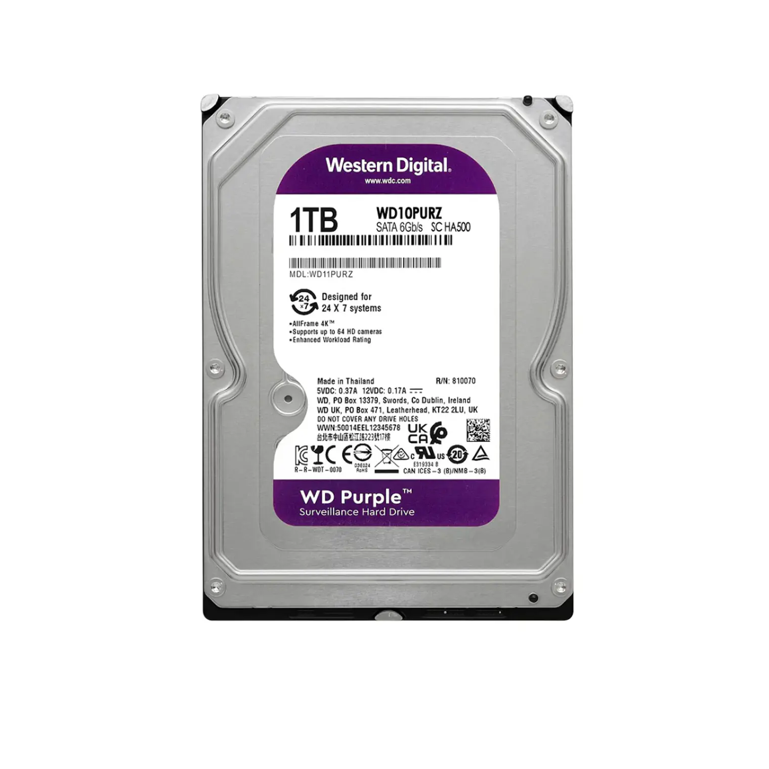 Disco Duro WD Purple 1TB 3.5” SATA III 6Gb/s 5400RPM WD10PURZ 1