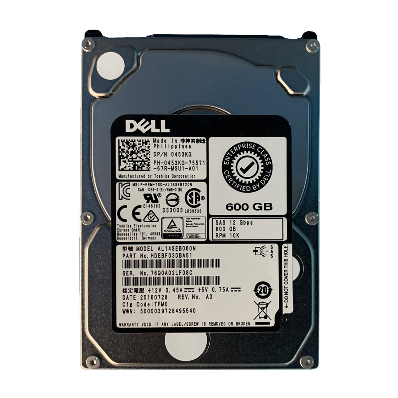 Disco Duro Dell 600-GB 12G 10K 2.5 SAS W/G176J 453KG 1