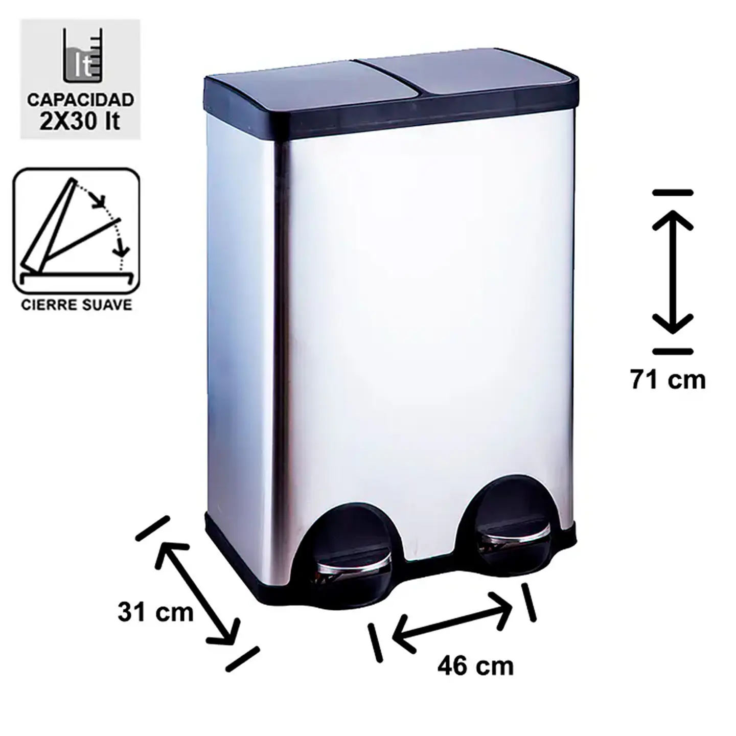 Basurero Triple Acero Inox Soin 30l X 2 2