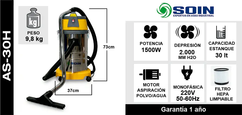 Aspiradora Polvo Agua 30 L Filtro Hepa 5