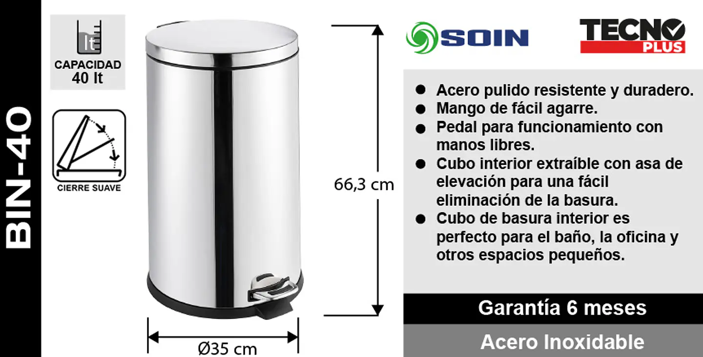 Basurero Acero Inox Soin 40l 5