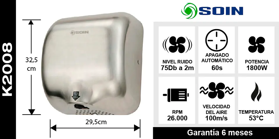 Secador De Manos Acero Inox 1800w 3