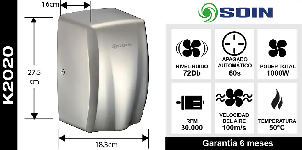 Secador De Manos Acero Inox 1000w 3