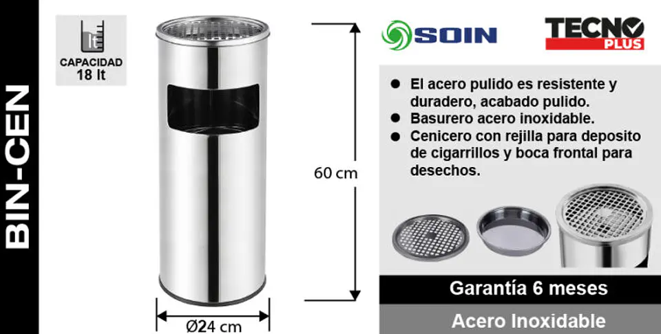 Basurero Cenicero Acero Inox Soin 18l 5