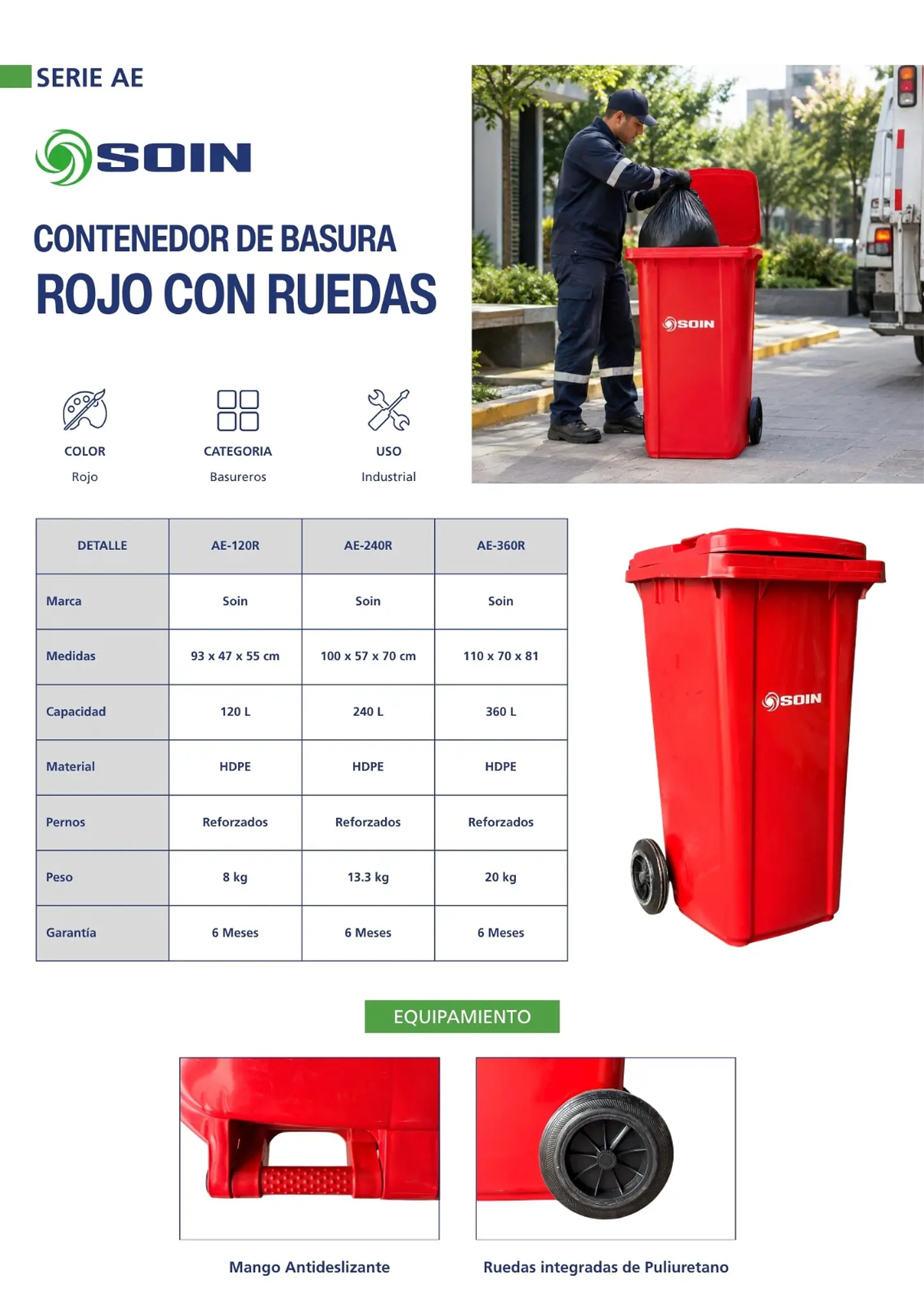 CONTENEDOR DE BASURA ROJO 120L CON RUEDAS SOIN 6