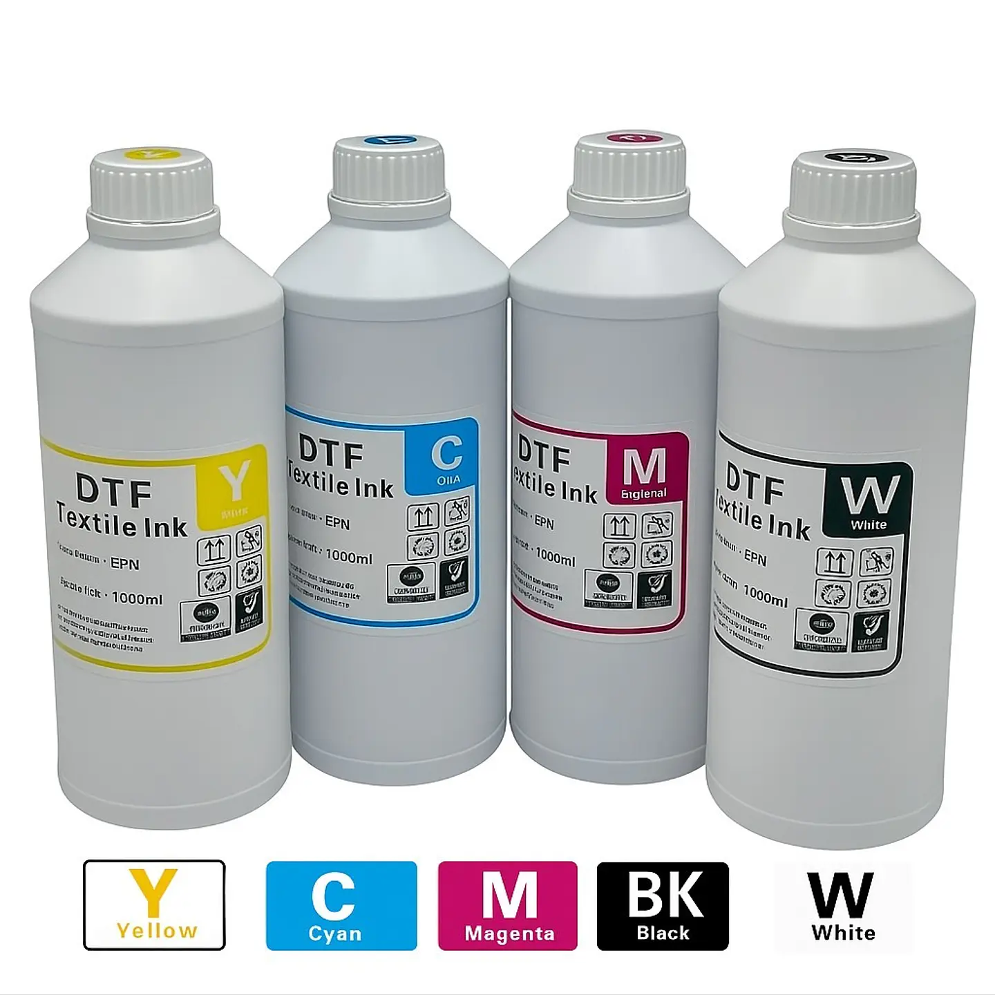 Pack de 5 Tintas DTF Ink Textil de 1L Cinco Colores KYMCW 1