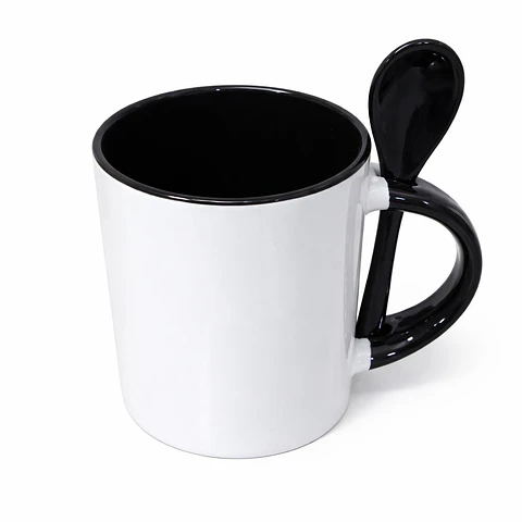 Caja de 36 Taza de Cerámica con Cuchara de Té 11oz de Sublimacion Negra