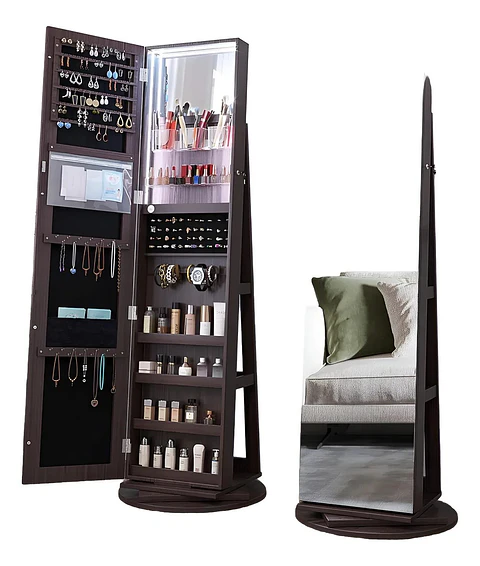 Joyero Con Espejo Organizador De Cosméticos Giratorio 360° Marrón Oscuro