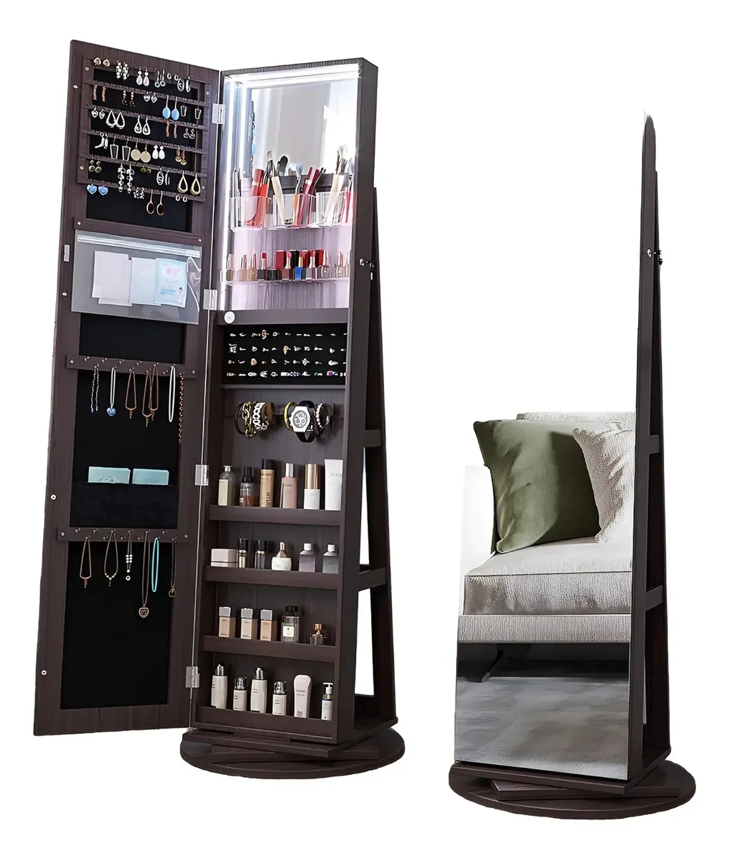 Joyero Con Espejo Organizador De Cosméticos Giratorio 360° Marrón Oscuro 1