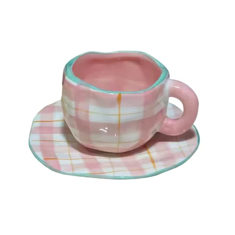 Taza de Cerámica Ligera de Lujo Rosa a Cuadros