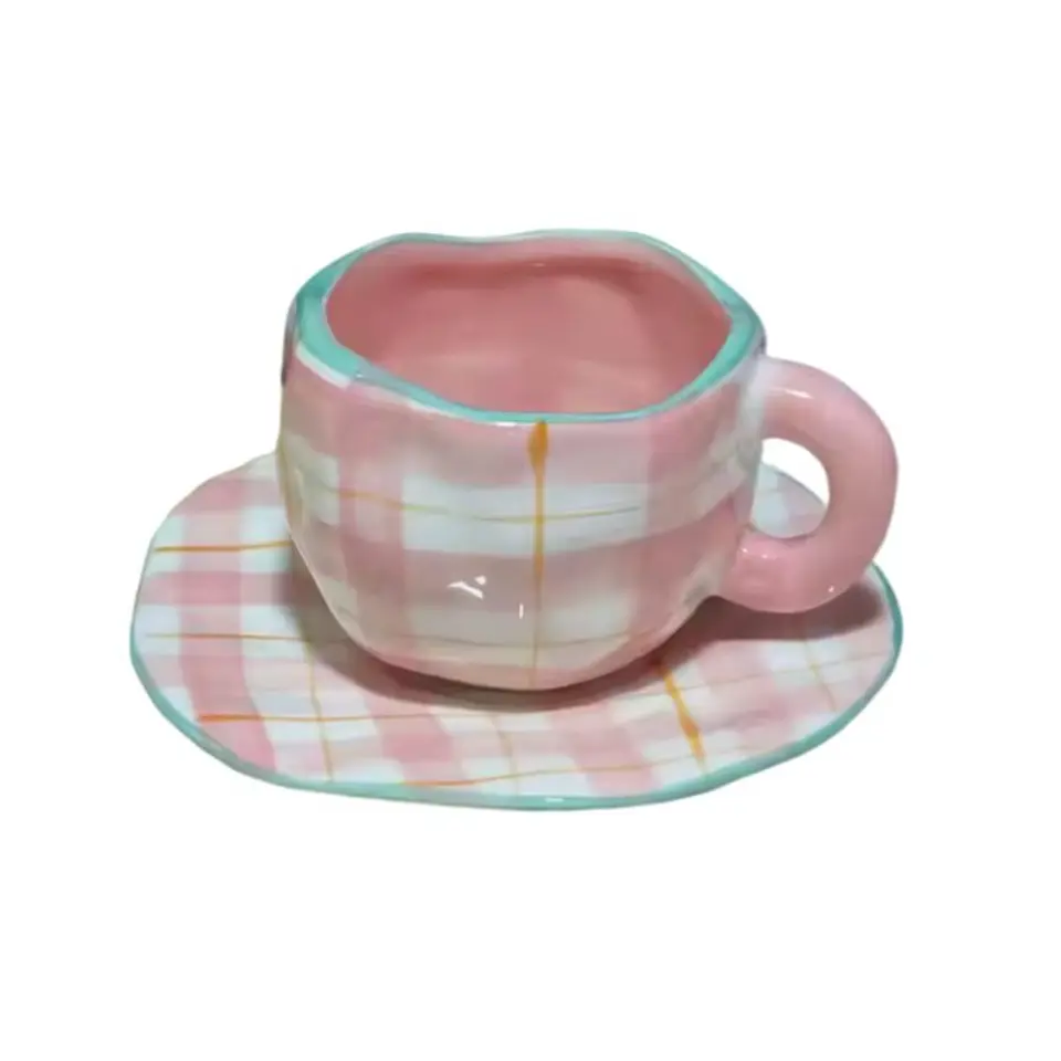 Taza de Cerámica Ligera de Lujo Rosa a Cuadros 1