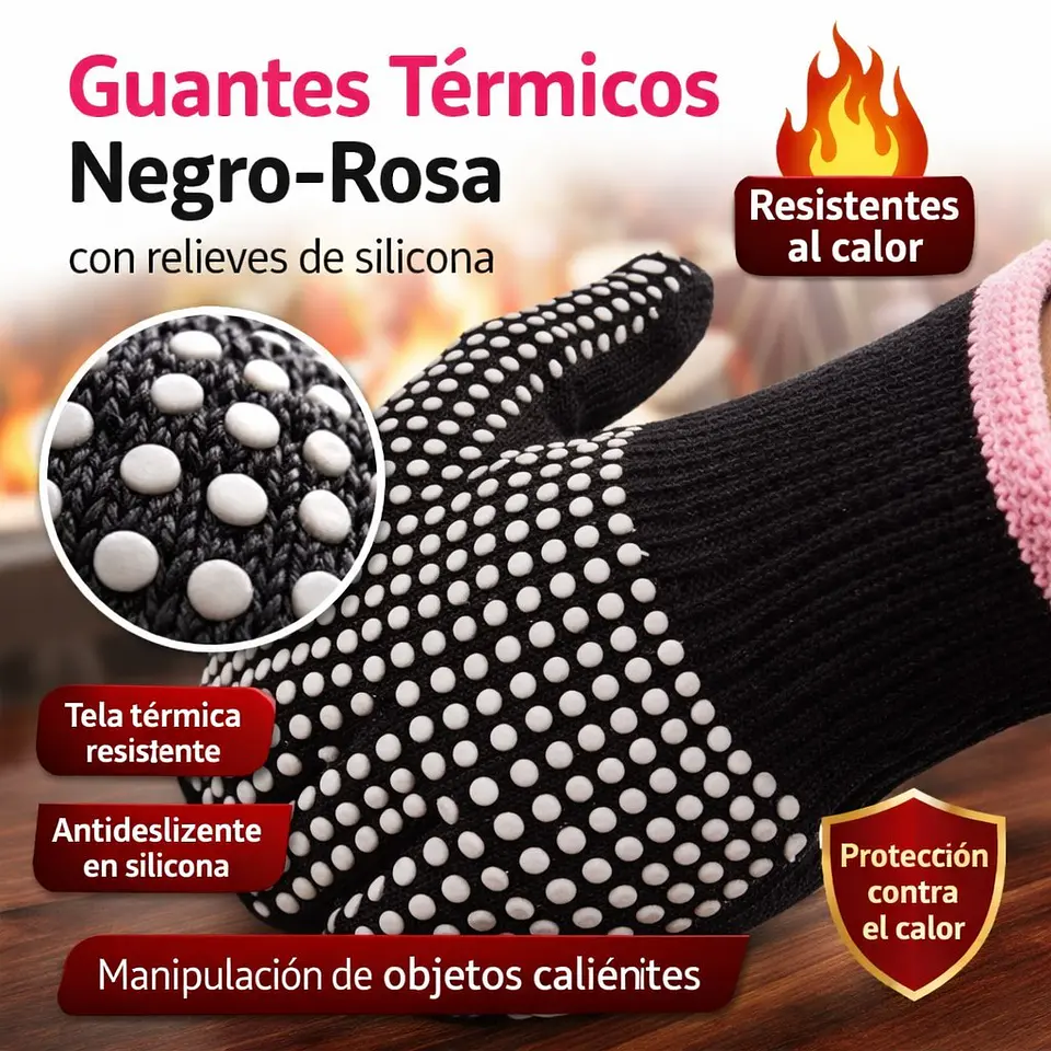 Guantes Térmicos Negro-Rosa con Relieves de Silicona 3