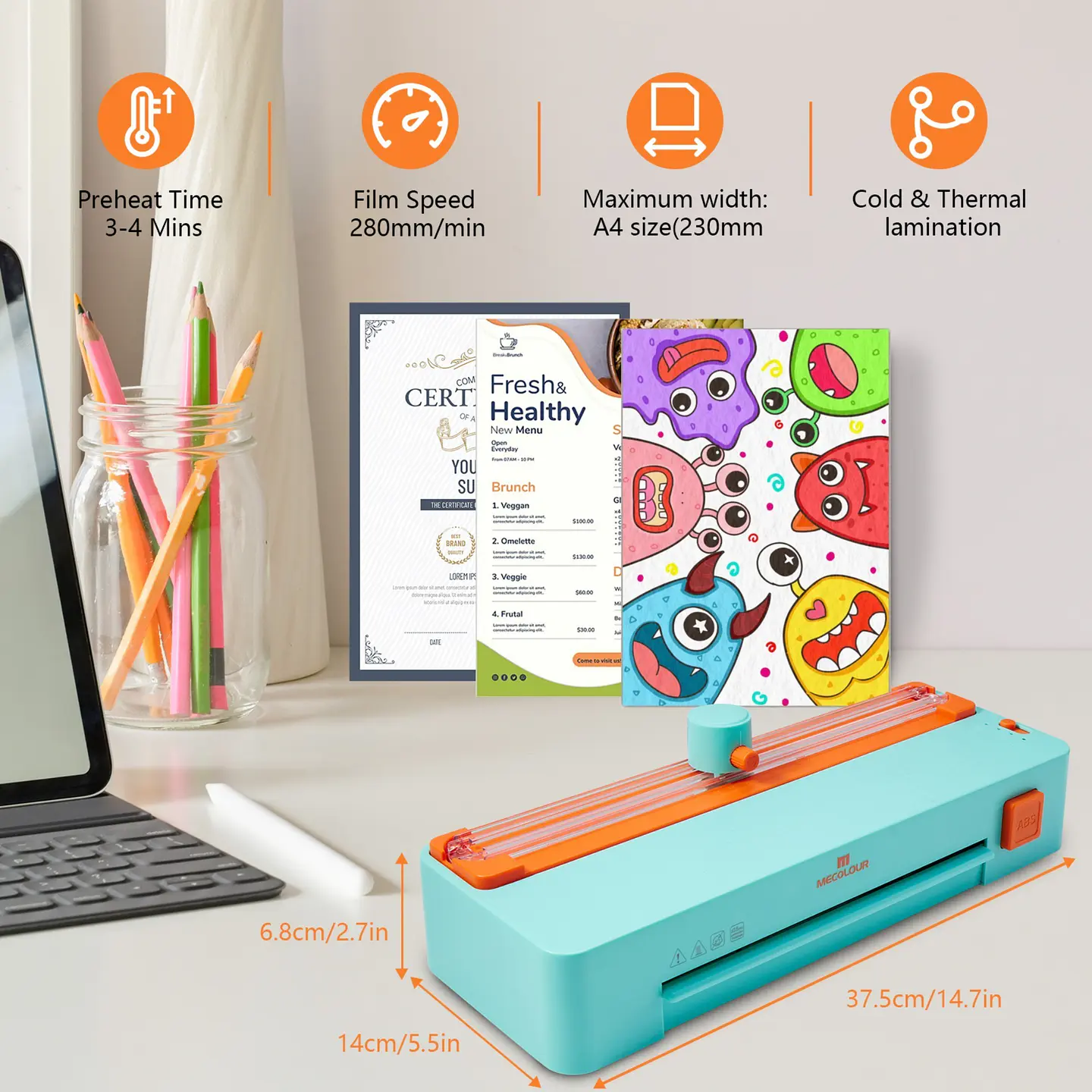 Laminadora Eléctrica Automática de Escritorio 7 en 1 Mecolour A3/A4/A5/A6 6