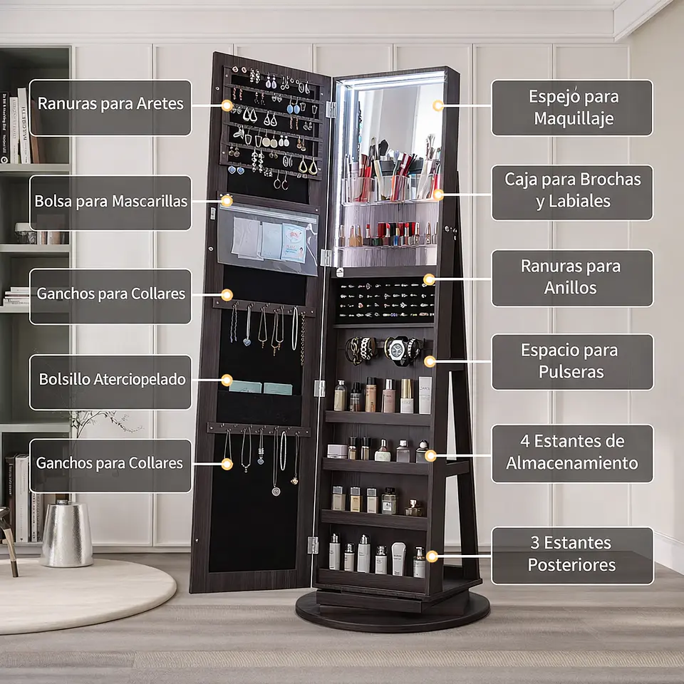 Joyero Con Espejo Organizador De Cosméticos Giratorio 360° Marrón Oscuro 5