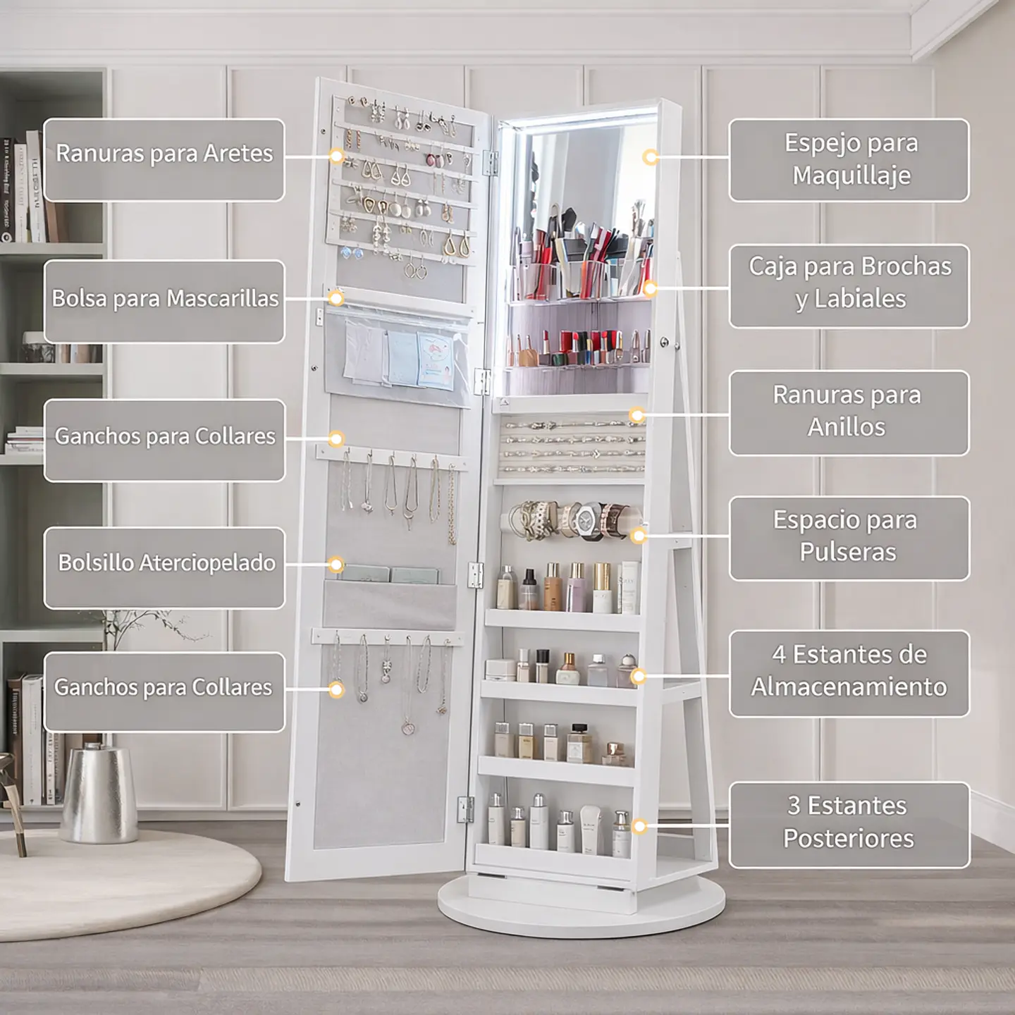 Joyero Con Espejo Organizador De Cosméticos Giratorio 360° Color Blanco 7