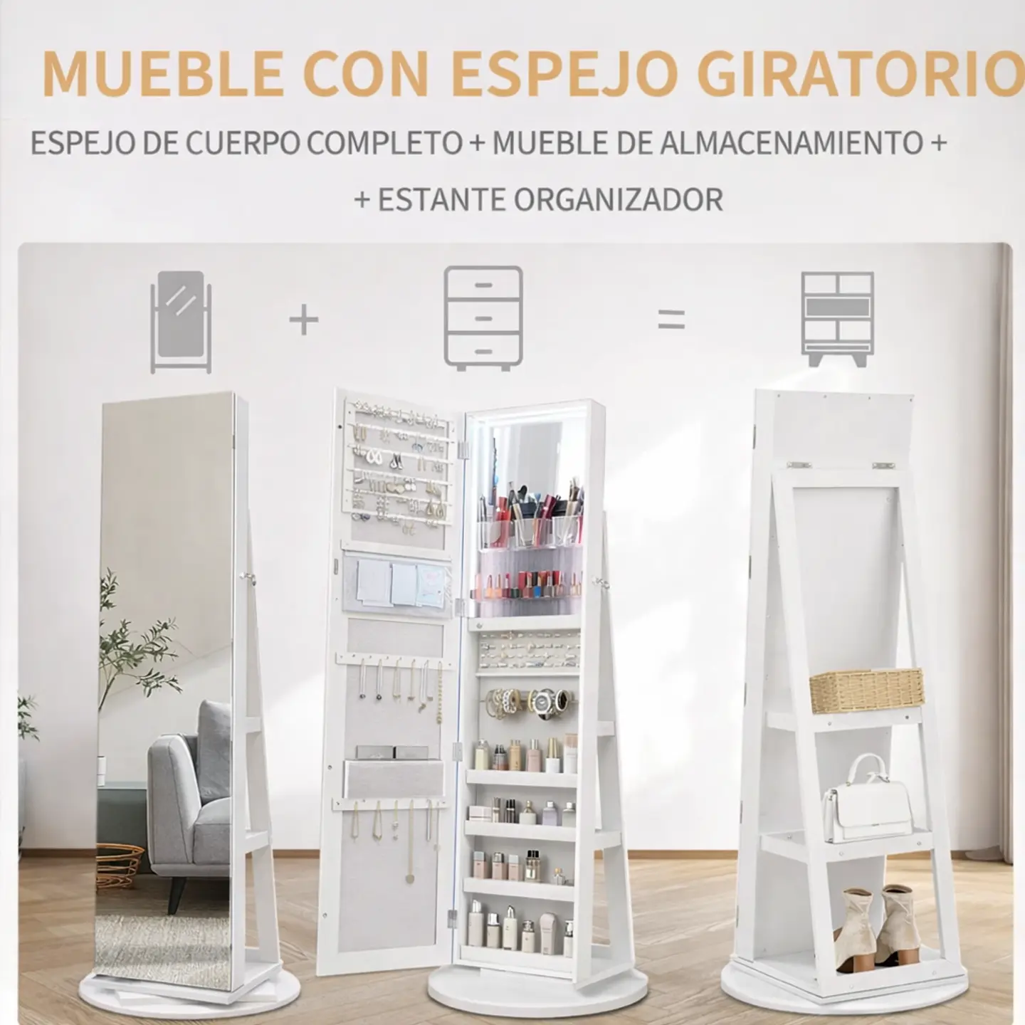 Joyero Con Espejo Organizador De Cosméticos Giratorio 360° Color Blanco 8