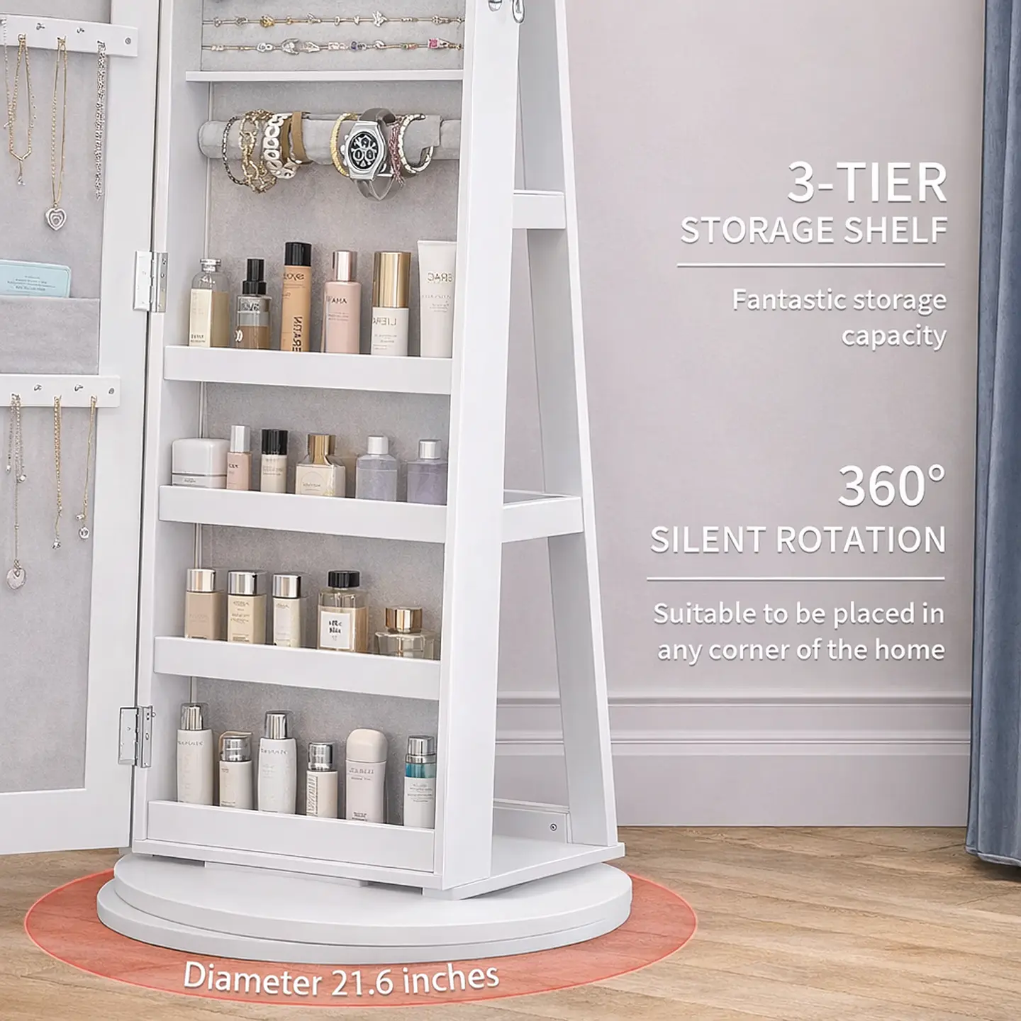 Joyero Con Espejo Organizador De Cosméticos Giratorio 360° Color Blanco 9