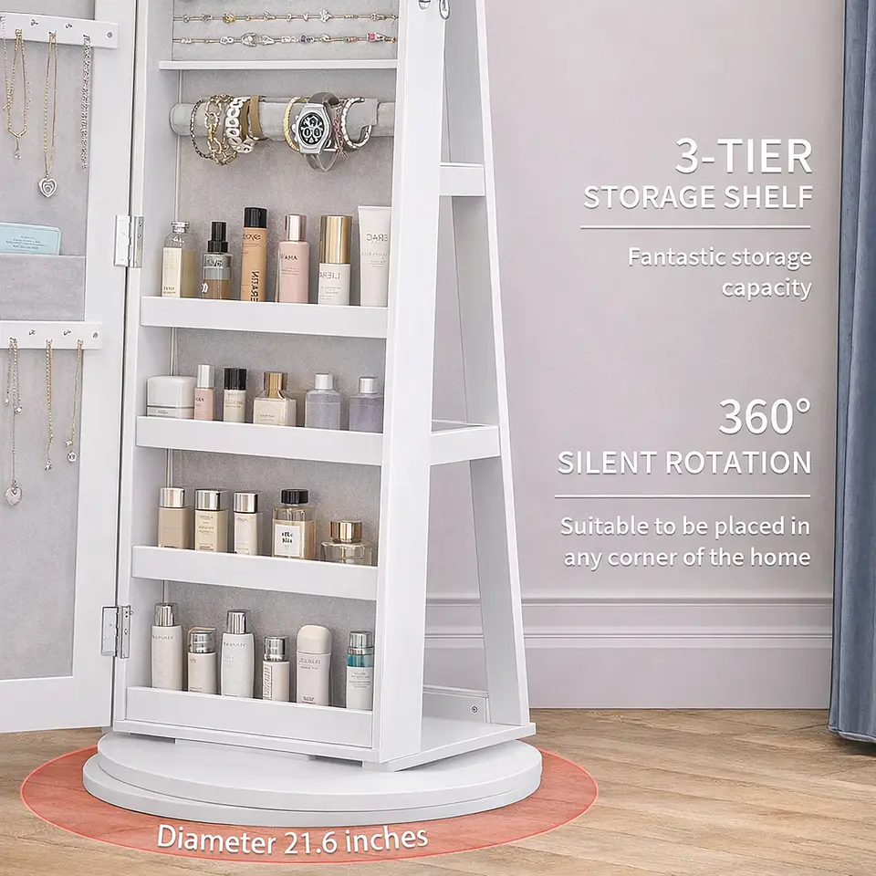 Joyero Con Espejo Organizador De Cosméticos Giratorio 360° Color Blanco 9