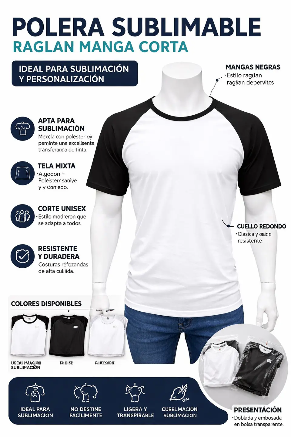 Polera Color Blanco Manga Negra para Sublimación L, M y XL 3