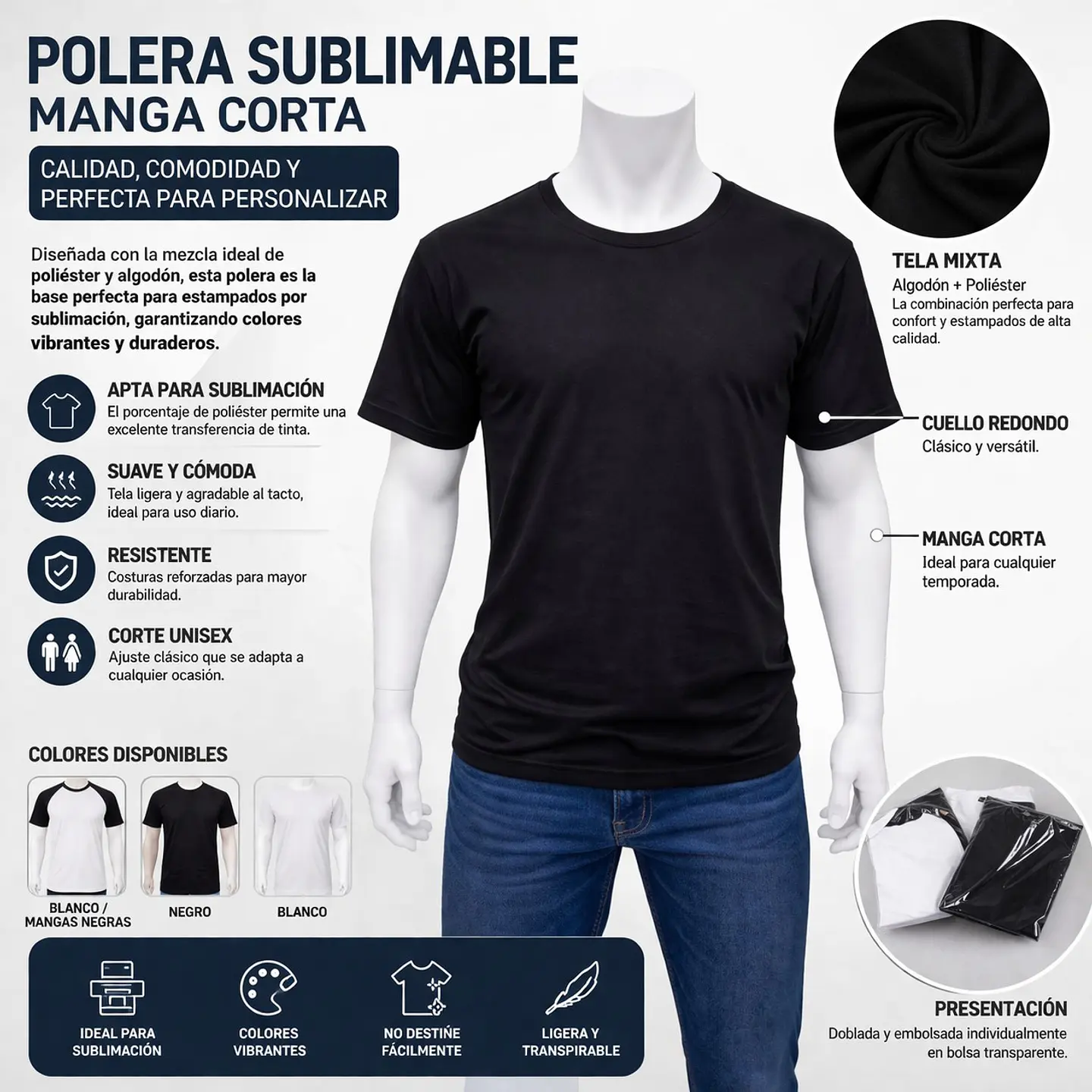 Polera Color Negro Para Sublimación L y XXL 3