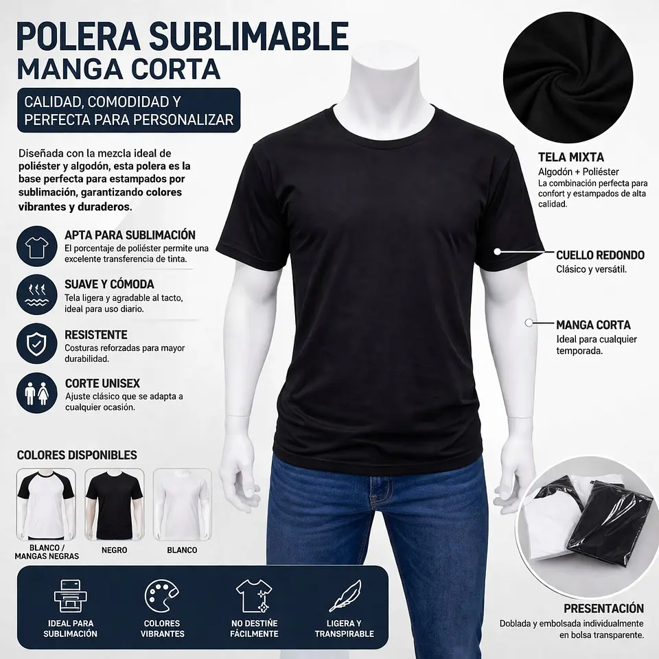 Polera Color Negro Para Sublimación L y XXL 3