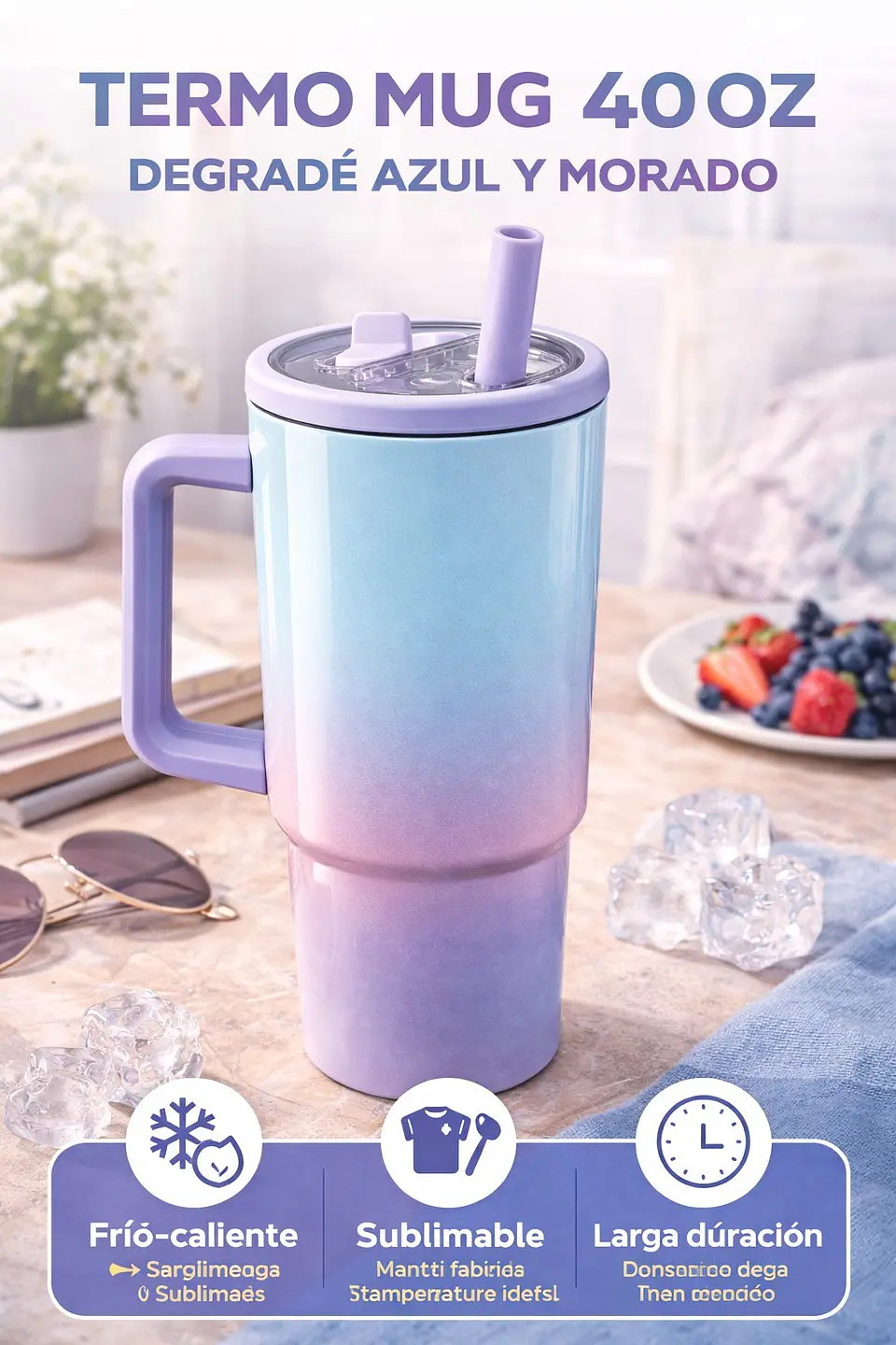 Termo Mug Sublimable de 40 oz con Asa y Bombilla Morado 5