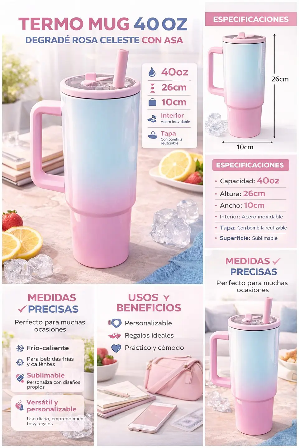 Termo Mug Sublimable de 40 oz con Asa y Bombilla Rosa 4