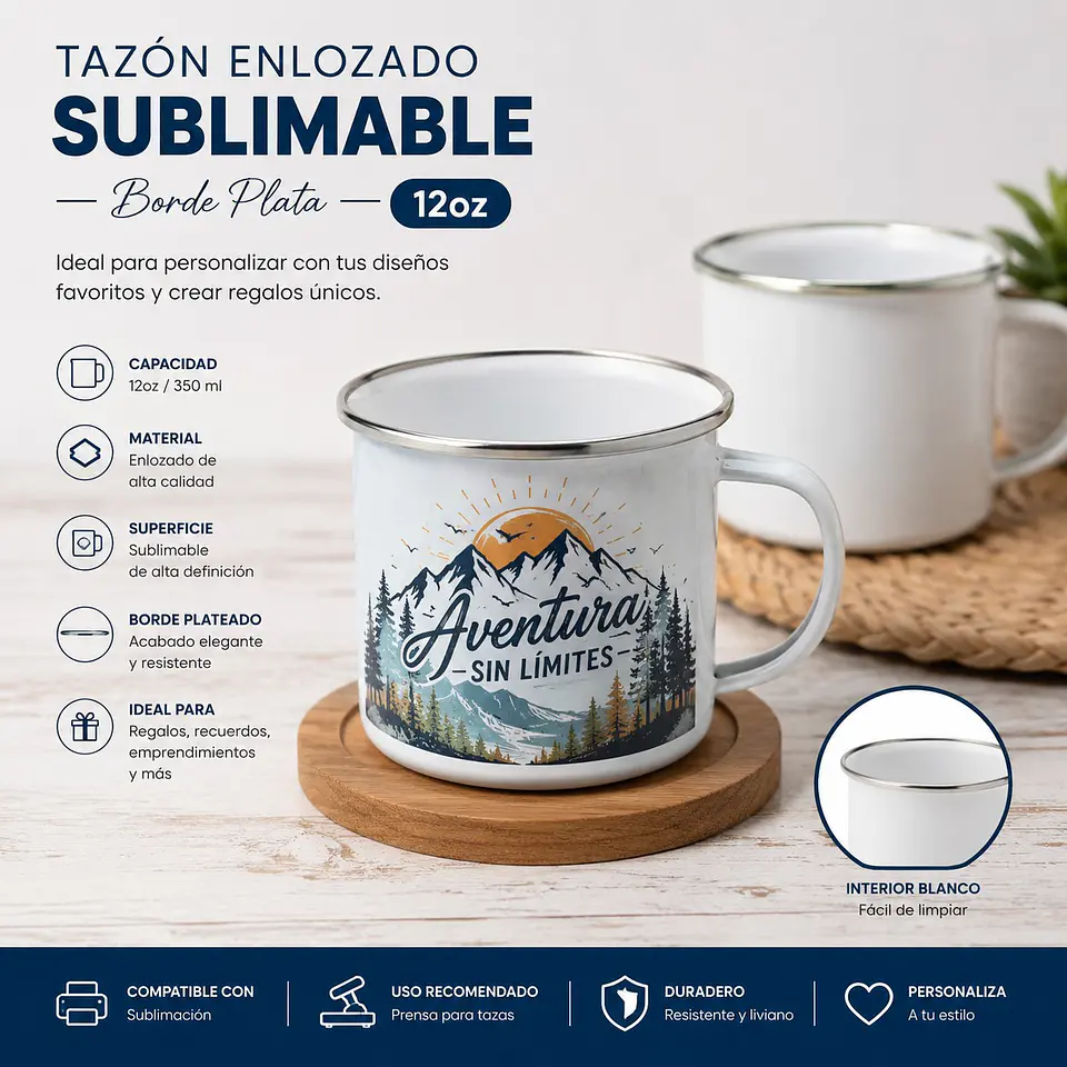 Tazónes Enlozado Sublimable Borde Plata 12oz 3