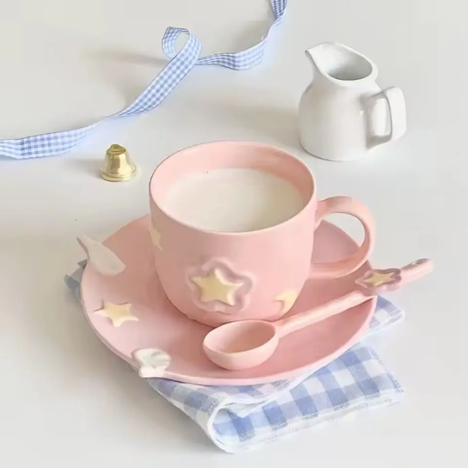 Taza de Café de Cerámica Rosa con Diseño de Sakura T-00041 5