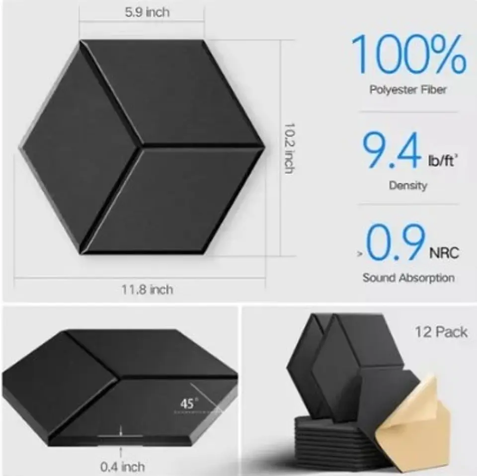 Panel Acústico Hexagonal Autoadhesivo Negro Pack X12 XSJ-10177 3