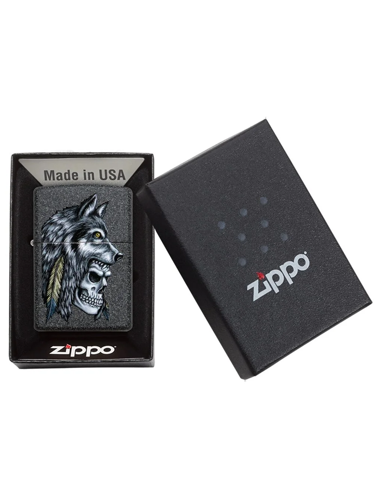 Wolf Skull Feather Design-Zippo 3