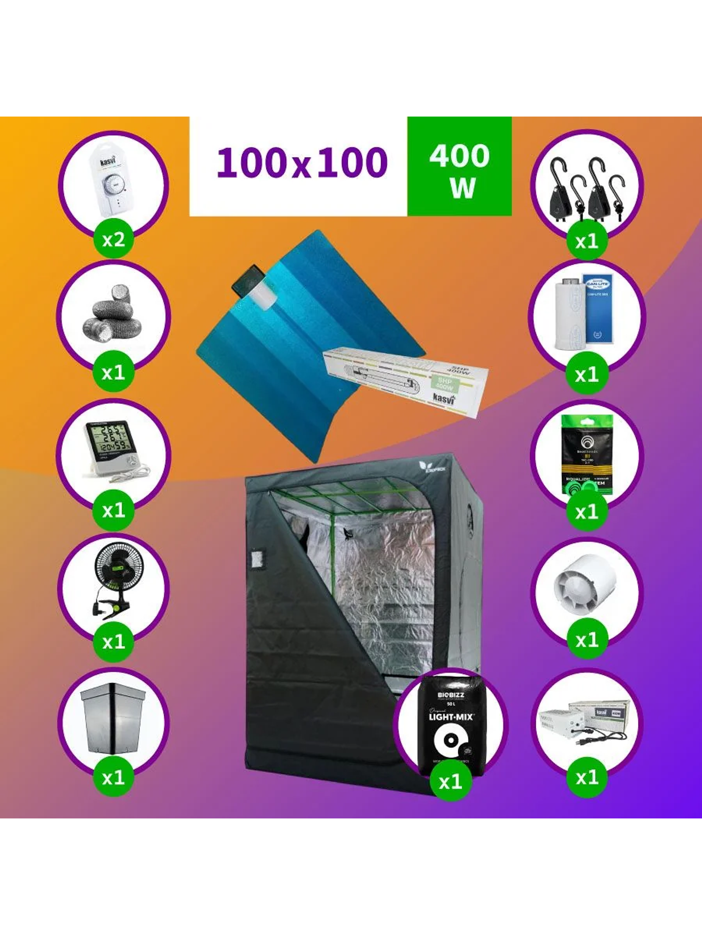Kit Indoor Sodio Kasvi Completo 100X100X200- 400W 1