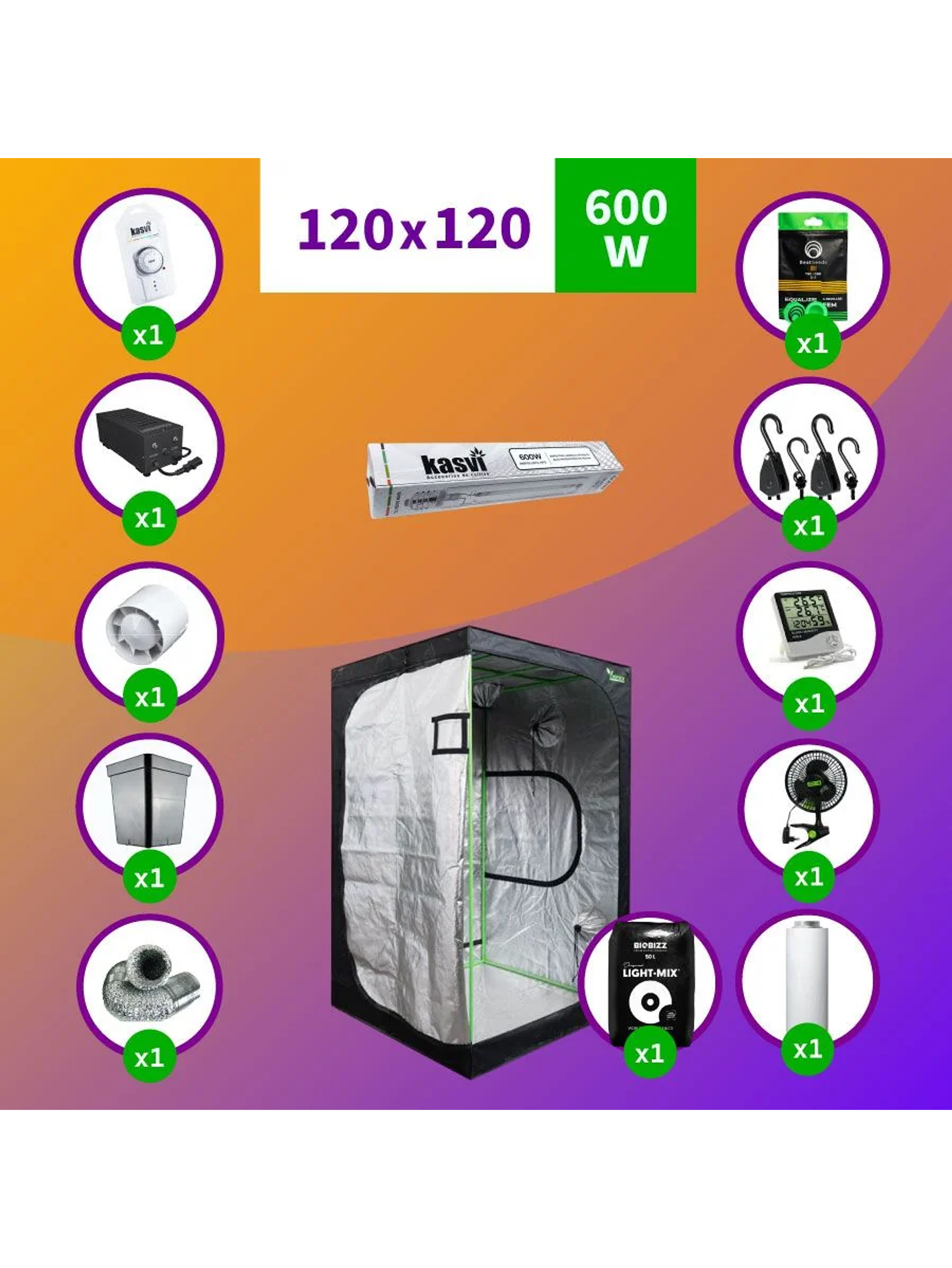 Kit Indoor Sodio Kasvi Completo 120X120X200 - 600W 1