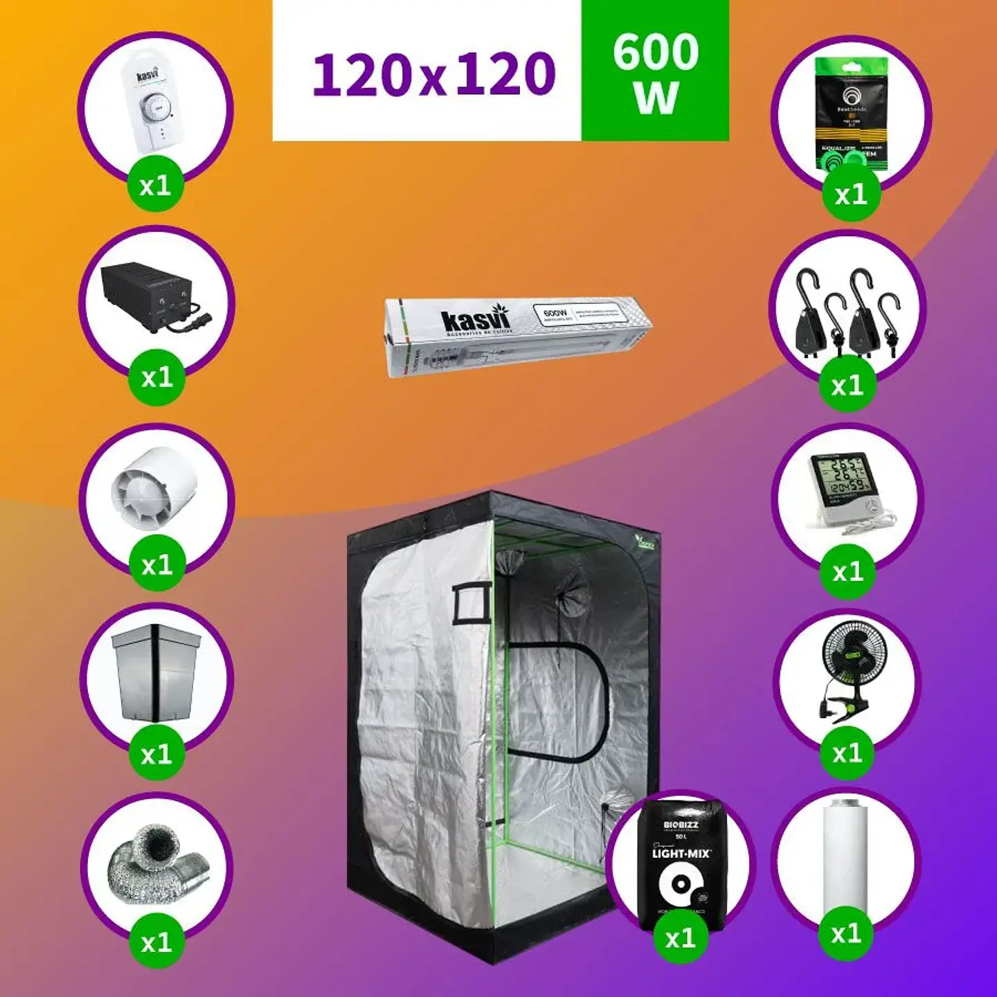 Kit Indoor Sodio Kasvi Completo 120X120X200 - 600W 1