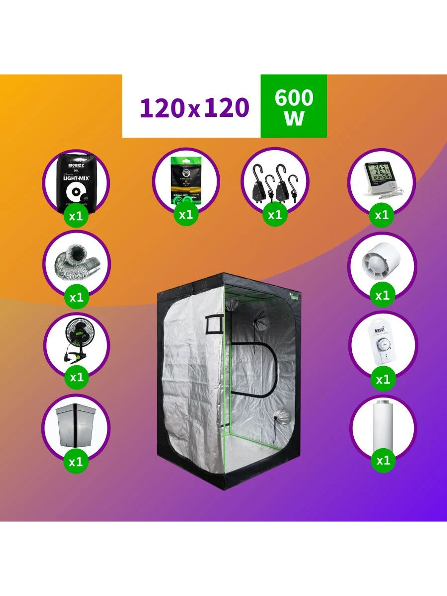 Kit Indoor Profesional Apollo Completo 120X120X200 - 480W 1