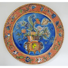 Wall Plate Flowers Basket Blue Background