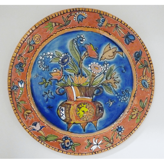 Assiette Murale Panier Fleurs Fond Bleu