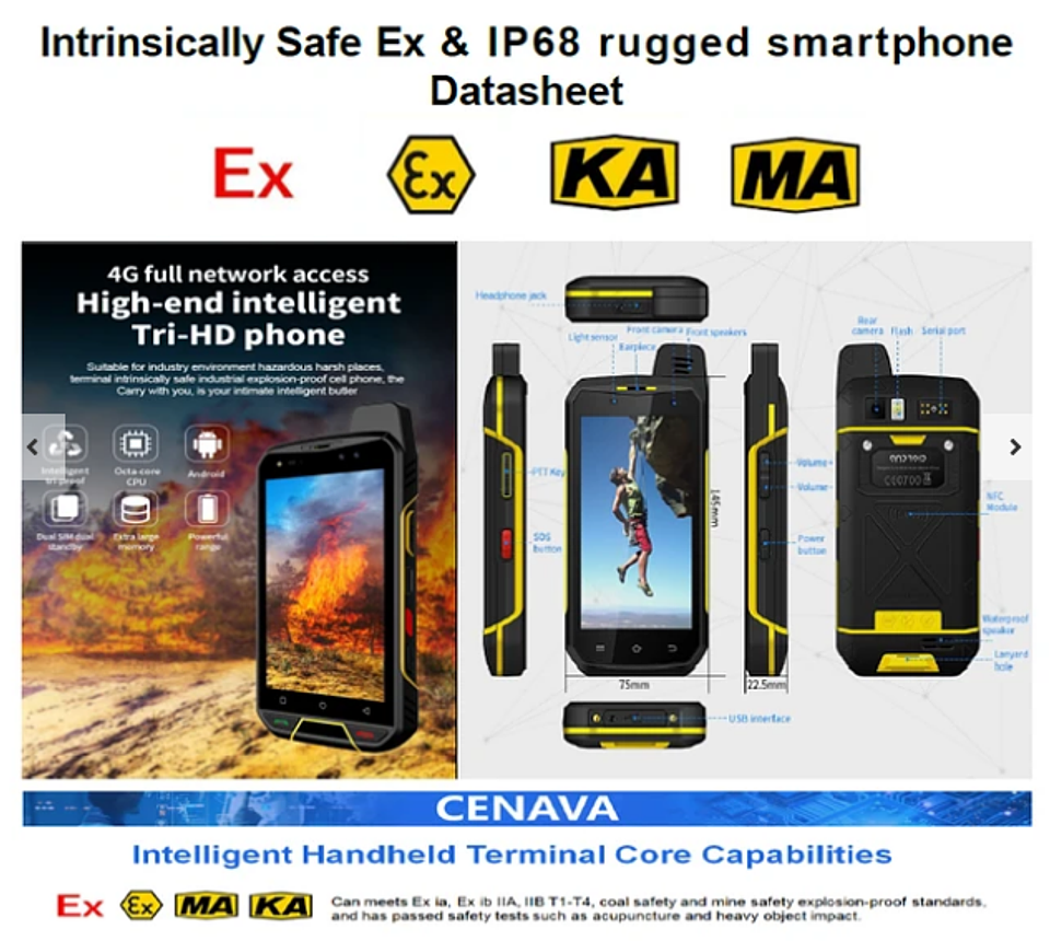 CELULAR INTRINSECO ATEX IP68 RUGGED 4G ANTIEXPLOSIONES CENAVA 5