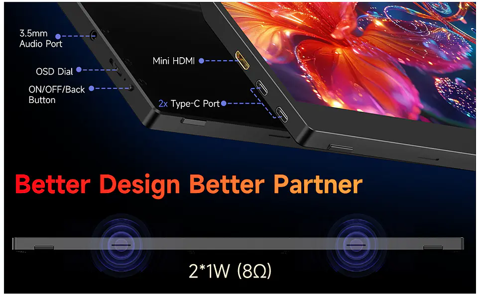 Monitor portátil de 15.6 pulgadas 1080P FHD, USB-C, HDMI, pantalla externa ultradelgada 100% sRGB para portátil, teléfono, MAC, PS5, Switch, Xbox, con altavoces duales y cubierta inteligente 4