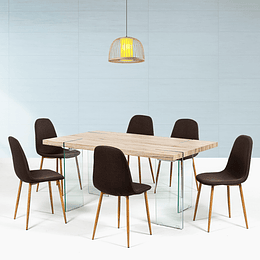 COMEDOR GLASS 180X95 6 SILLAS EAMS TAPIZ CAFÉ PATA NAT