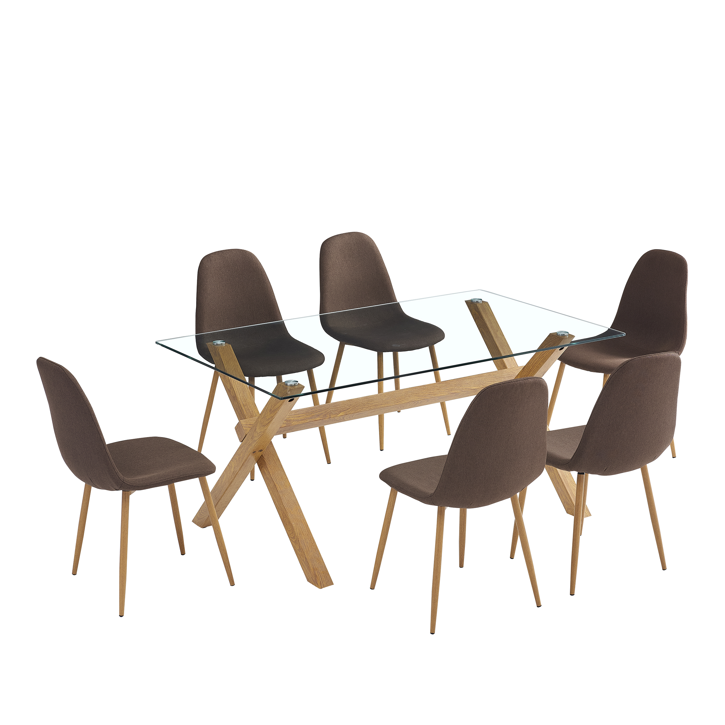 COMEDOR XTREME 150X90 NAT 6 SILLAS EAMS TAPIZ CAFÉ PATA NATURAL