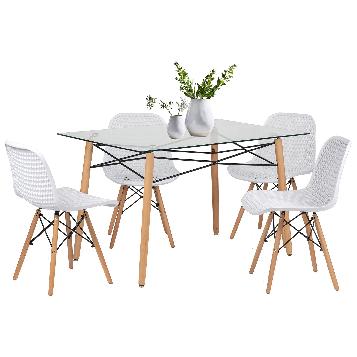 JUEGO DE COMEDOR EAMS RECT VIDRIO 4 SILLAS EAMS POINT BLANCAS 1