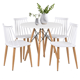 JUEGO DE COMEDOR REDONDO EAMS MDF BLANCO + 4 SILLAS BARRA BLANCAS