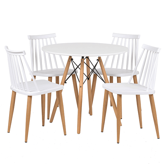 JUEGO DE COMEDOR REDONDO EAMS MDF BLANCO + 4 SILLAS BARRA BLANCAS